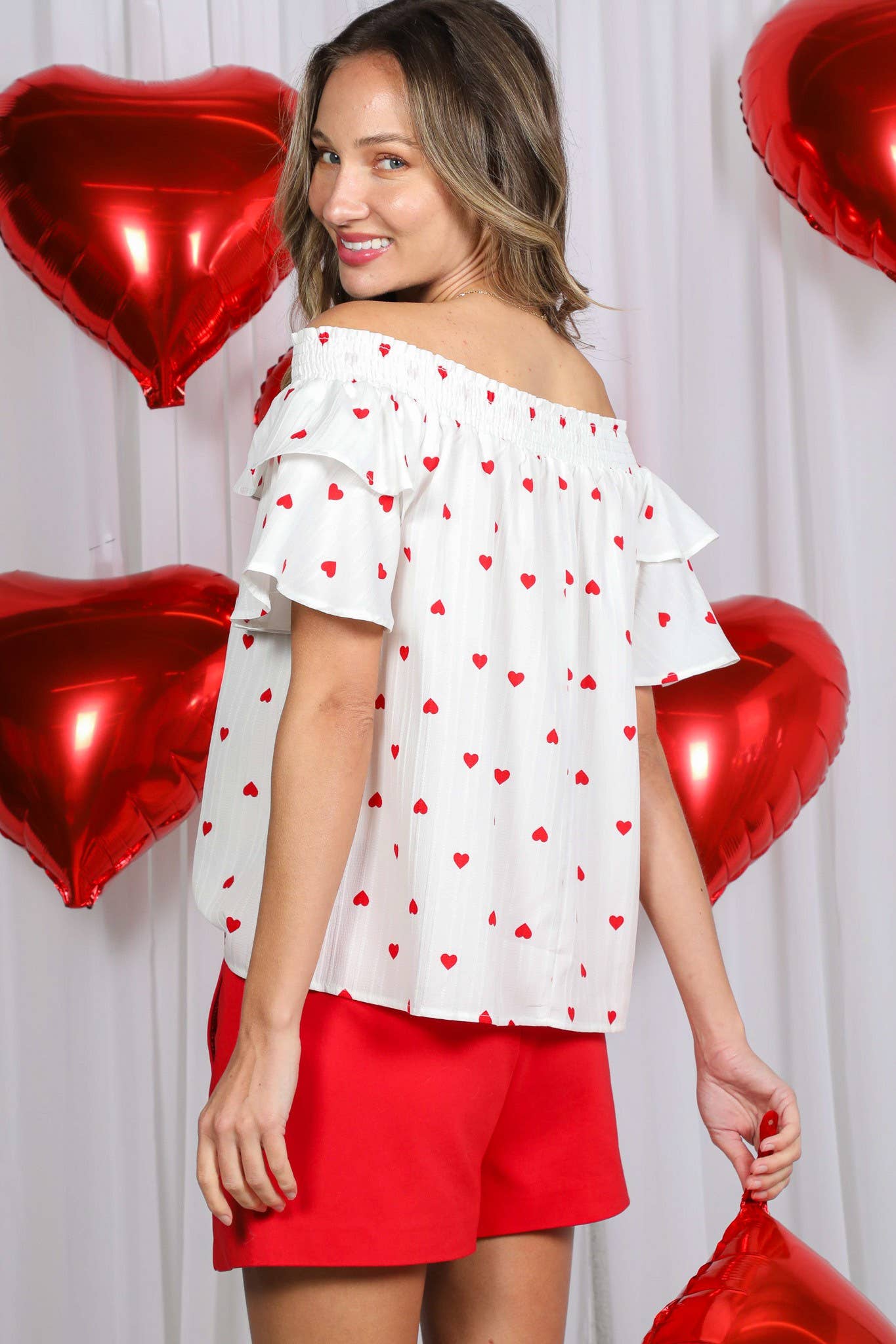Red & White Heart Print Off-Shoulder Top