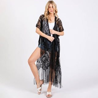 Elegant Lace Fringe Cover Up Kimono Poncho: Black