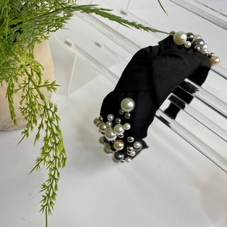 Luxury Beaded Pearl Knot Headband- Black