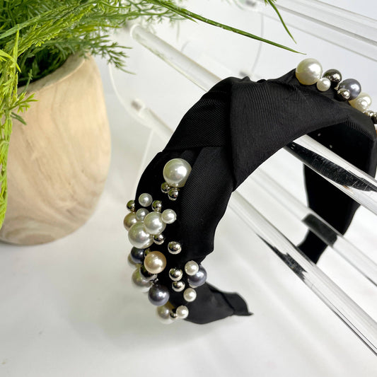 Luxury Beaded Pearl Knot Headband- Black