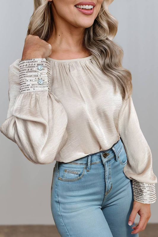 Champagne Sequin Buttoned Cuffs Pleated Neck Blouse