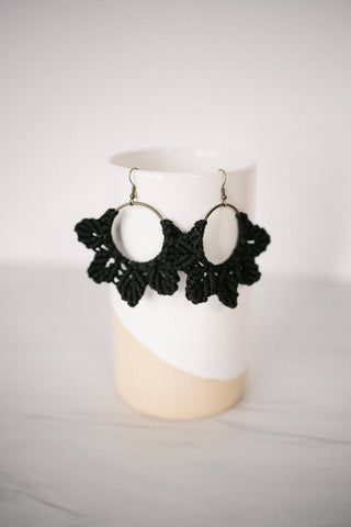 Woven Macrame Boho Leaf Earrings- Black