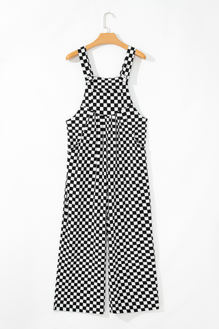 Black and White Checkered Print Pockets Casual Jumpsuit