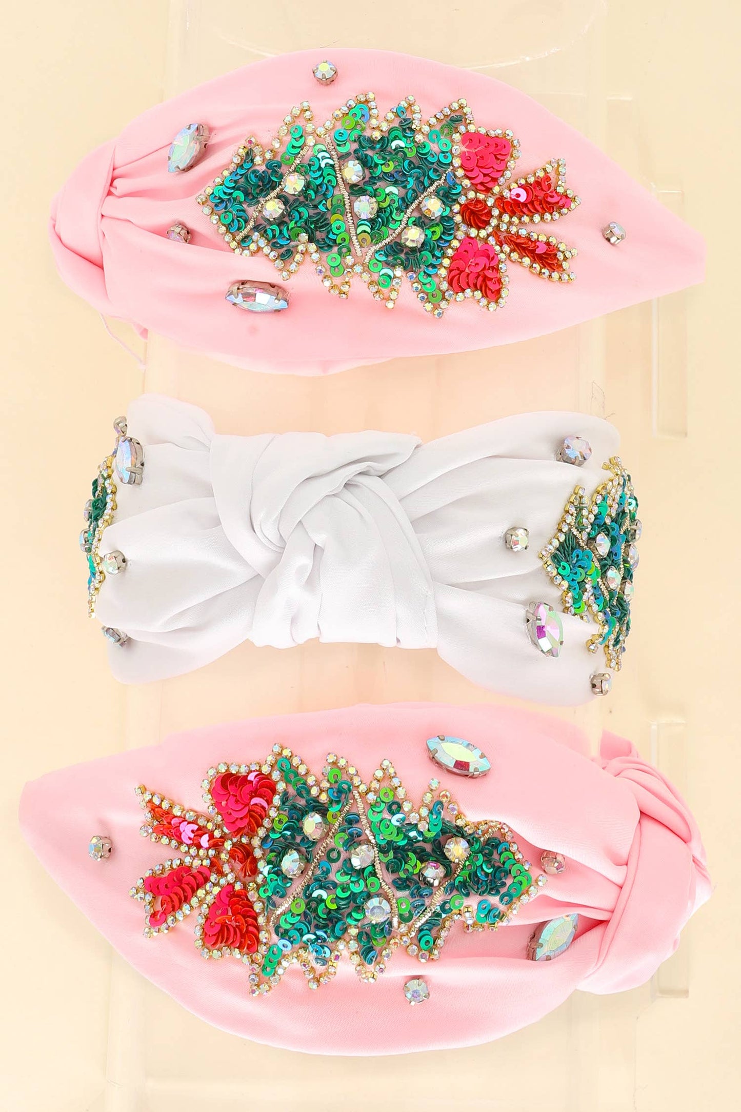 Christmas Tree Jeweled Top Knotted Headband : Pink