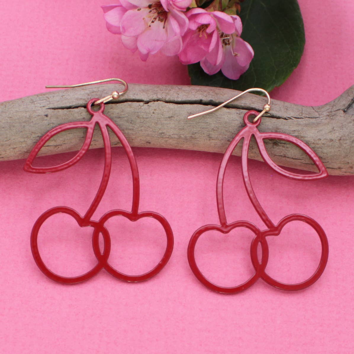 Double Red Cherries Outline Earrings