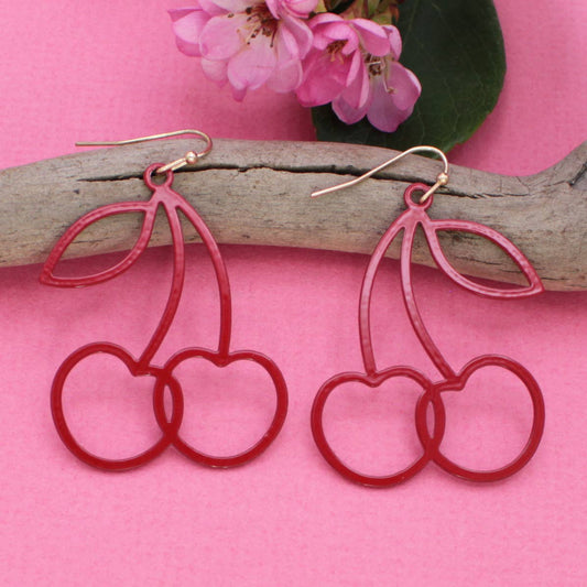 Double Red Cherries Outline Earrings