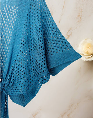 Eyelet Open-Knit Metallic Cardigan with Front Tie