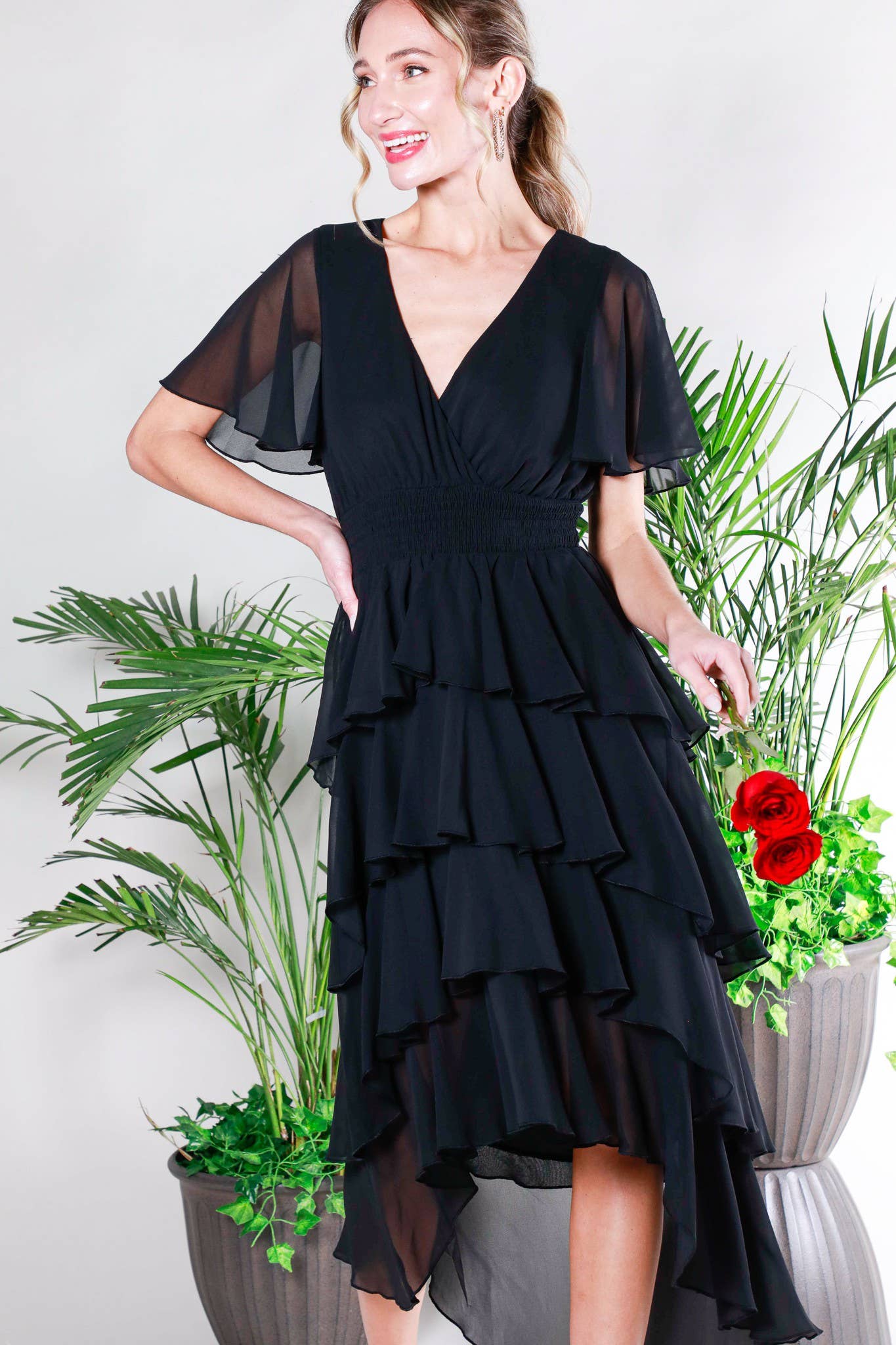 Elegant Black Ruffled Chiffon Midi Dress