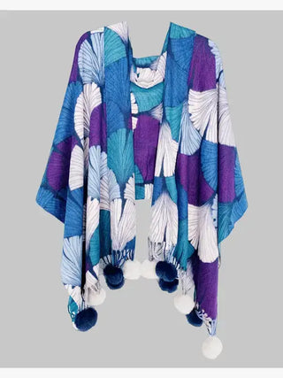 Shell-Art Pompom Shawl/Scarf - Teal-Purple