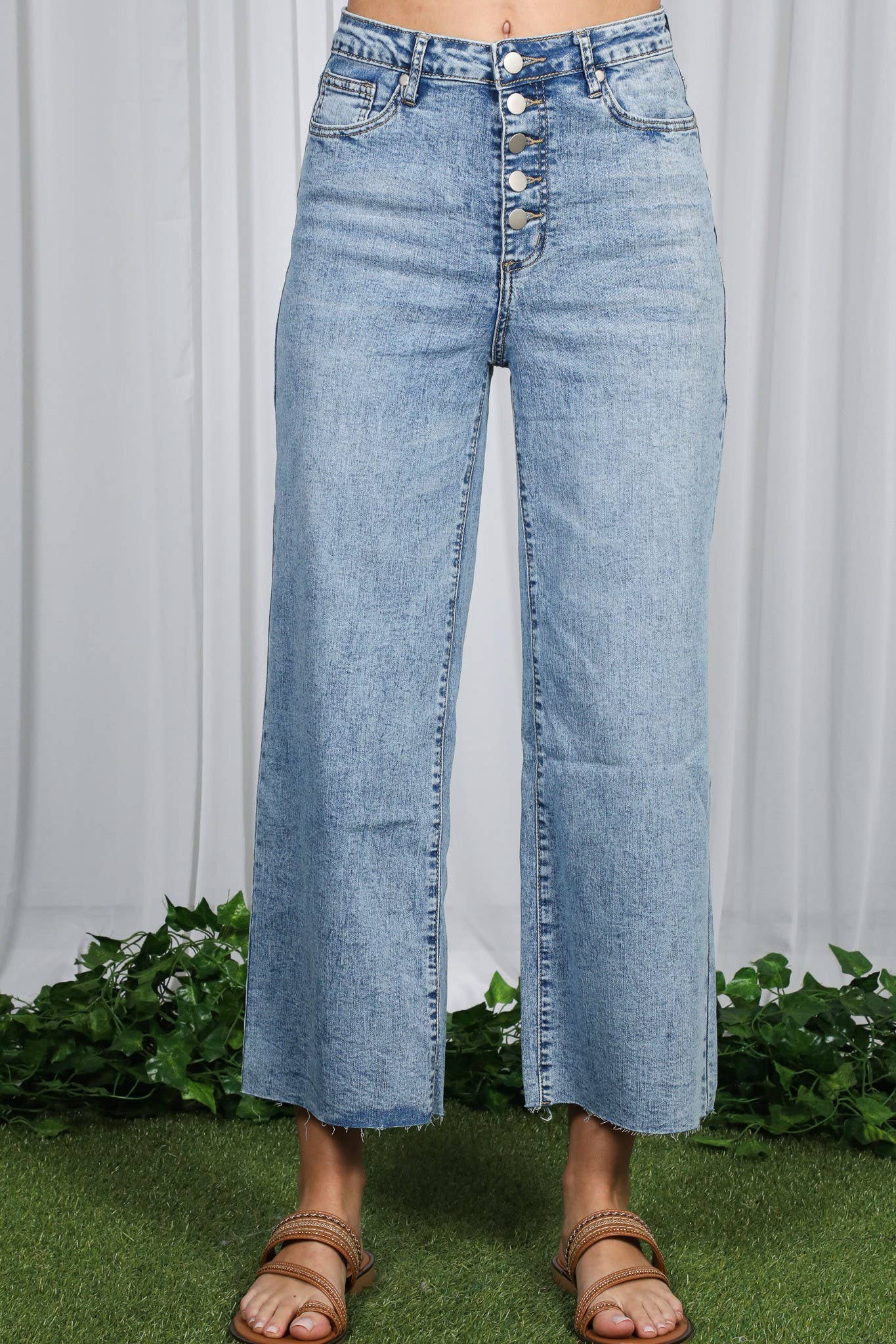 Wide Leg Stretchy Casual Buttoned Washed Denim Jean
