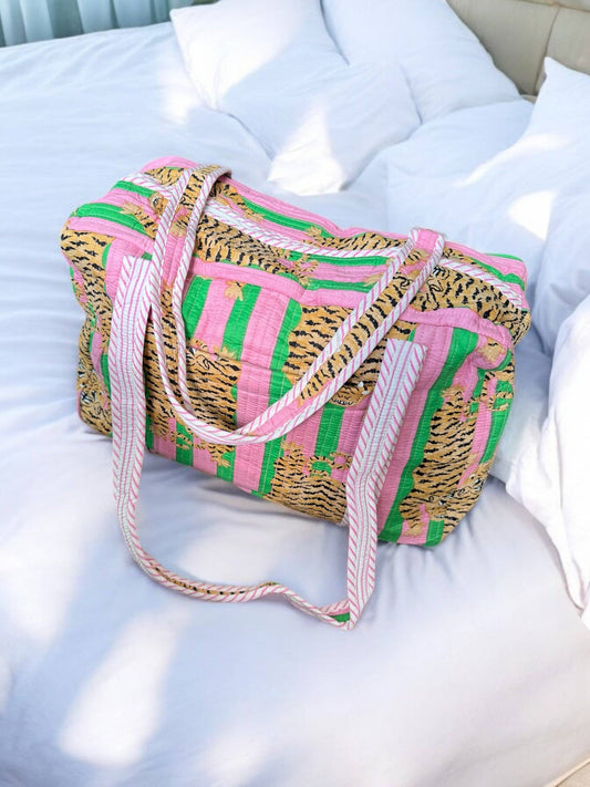 Overnight Quilted Zip-Top Duffel | Pink & Green