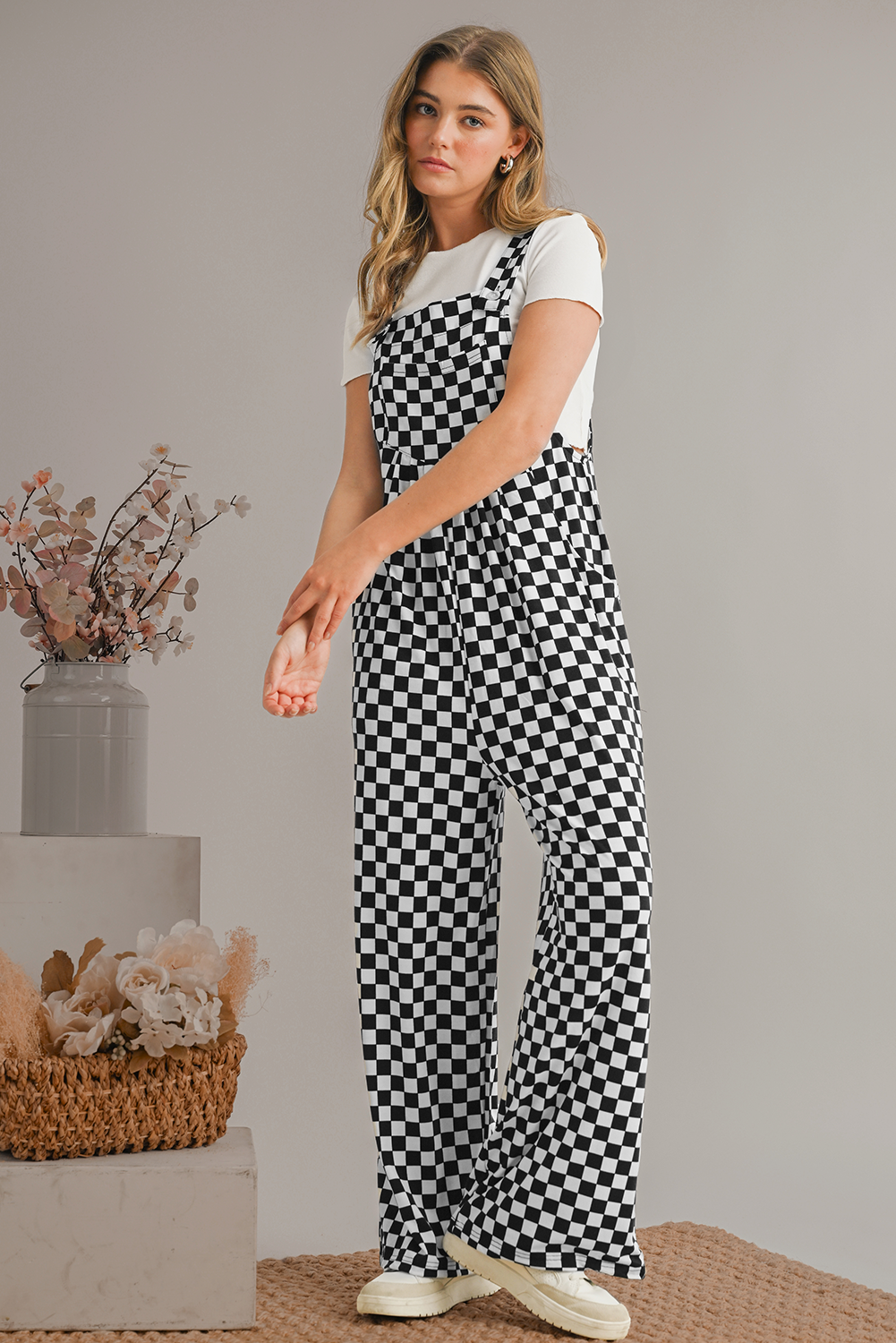 Black and White Checkered Print Pockets Casual Jumpsuit