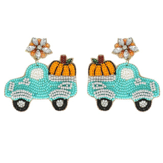 Fall Theme Pumpkin Truck Seed Bead Earrings