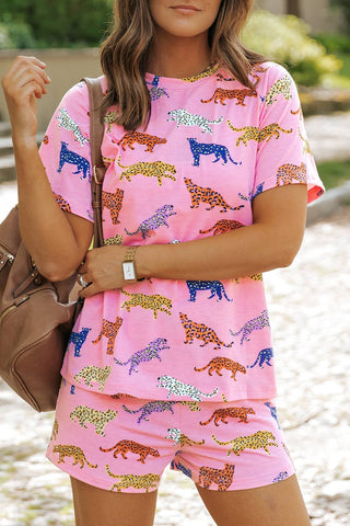 Pink Animal Print  Pajamas 2pcs Shirt & Shorts Set |