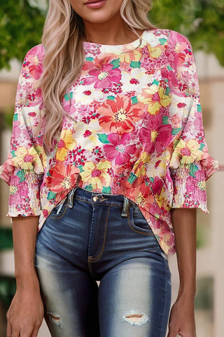 Floral Print Crewneck Shirred 3/4 Sleeve Blouse