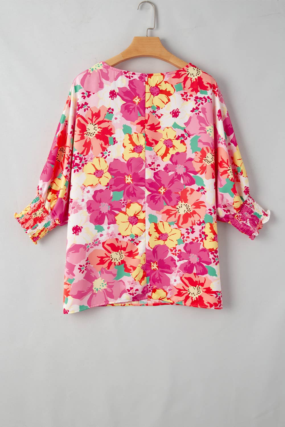 Floral Print Crewneck Shirred 3/4 Sleeve Blouse