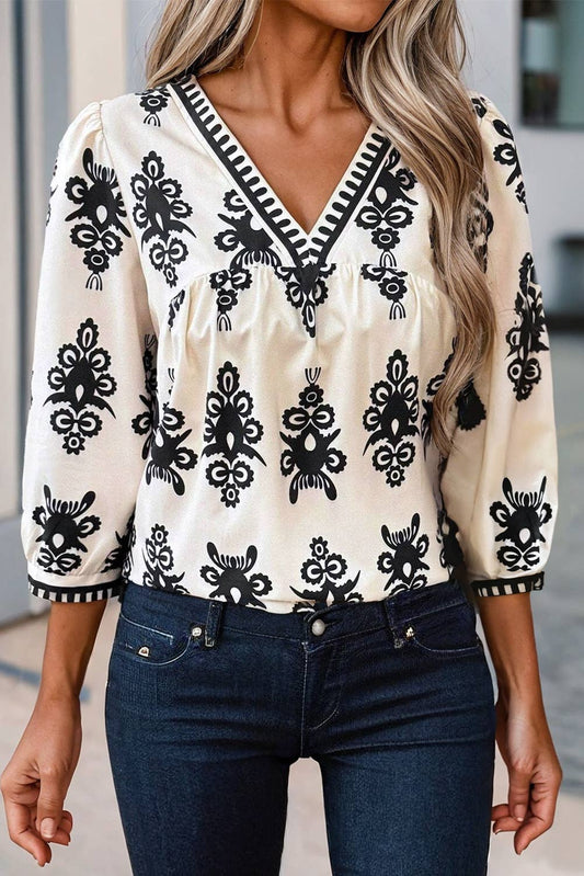 White and Navy Geometric Print 3/4 Sleeve V-Neck Blouse