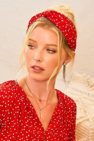 Heart Print Satin Headband: Red