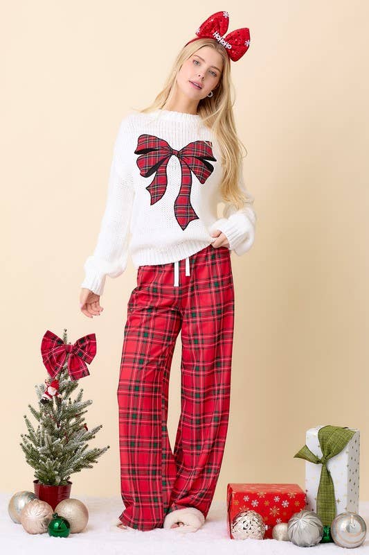 Christmas Sweater With Plaid Ribbon Bow Patch: HUNTER GREEN