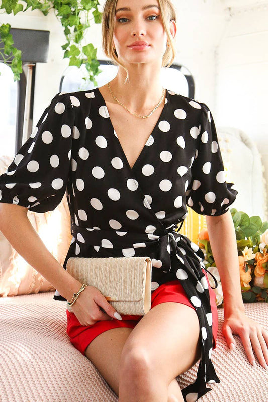 Surplice V-Neck Short Puff Dots Print Blouse