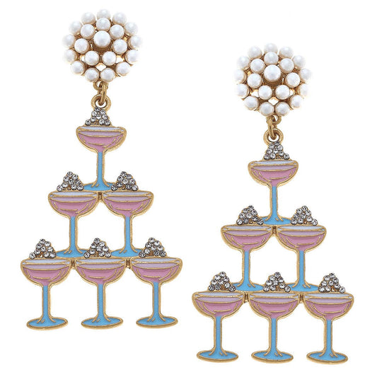 Crystal Enamel & Pavé Champagne Tower Earrings in Pink & Blue