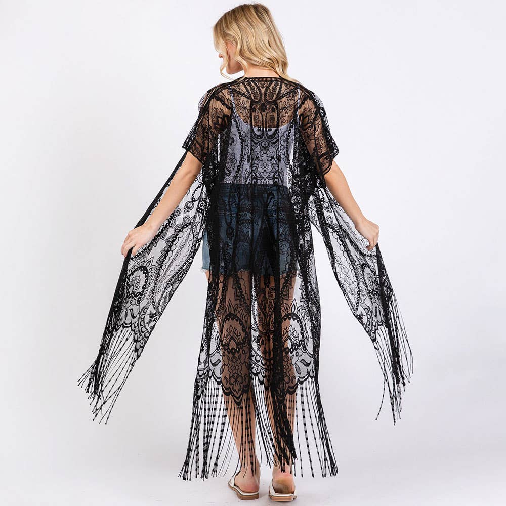 Elegant Lace Fringe Cover Up Kimono Poncho: Black