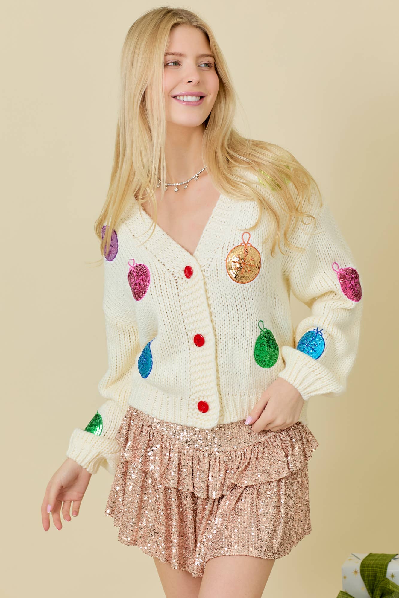 Christmas Sequin Ornament Cardigan: CREAM