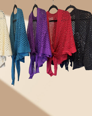 Eyelet Open-Knit Metallic Cardigan with Front Tie