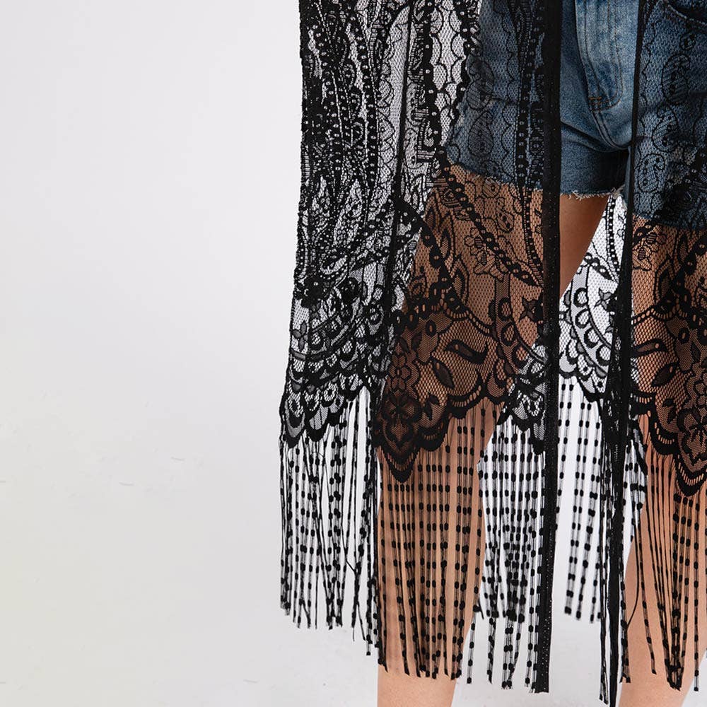 Elegant Lace Fringe Cover Up Kimono Poncho: Black