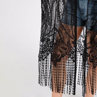 Elegant Lace Fringe Cover Up Kimono Poncho: Black