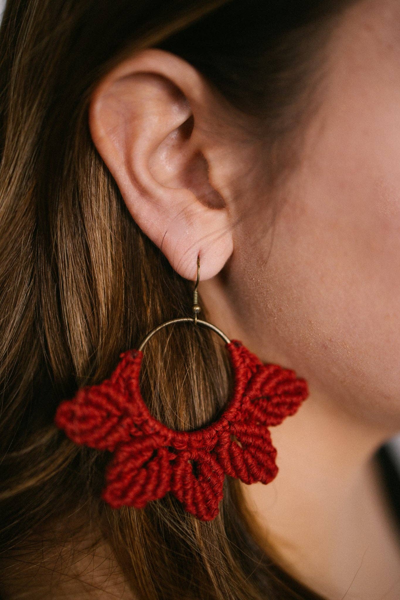Woven Macrame Boho Leaf Earrings- Red