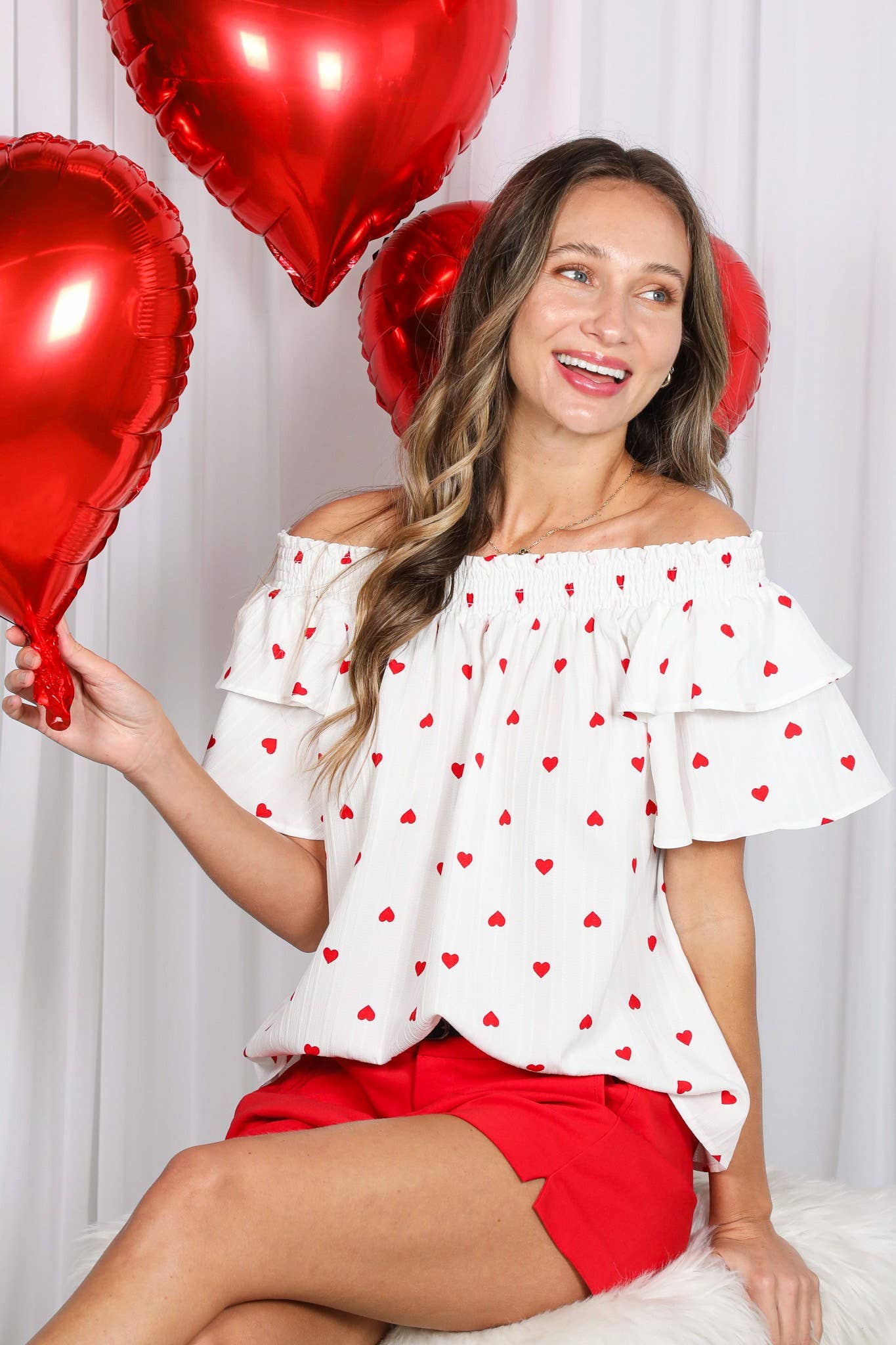 Red & White Heart Print Off-Shoulder Top
