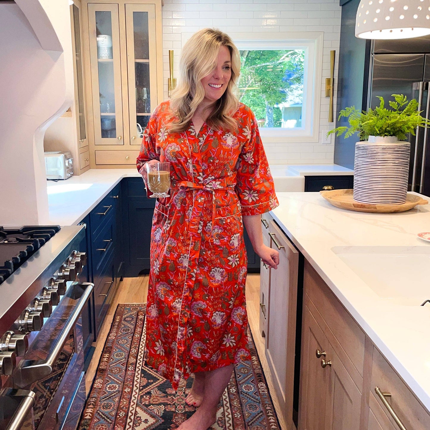 Women's Cotton Kimono Robe | Block Printed | Tangerine Bloom