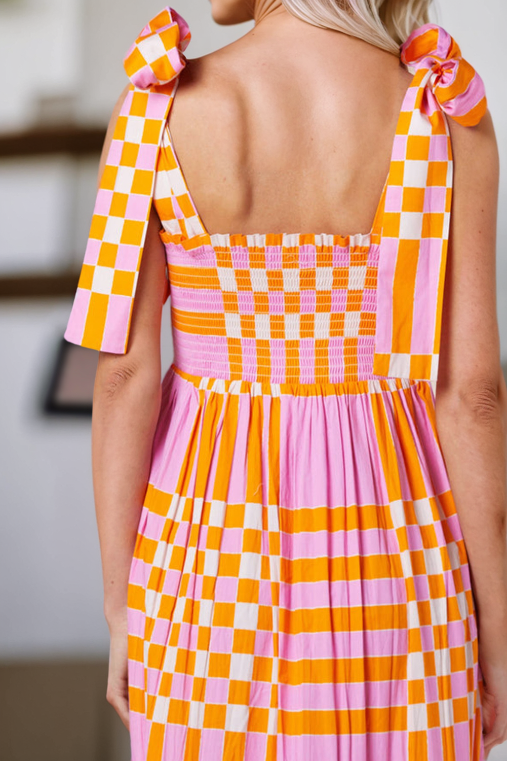 Hot Pink and Orange Boho Plaid Print Tied Straps Smocked Maxi Dress