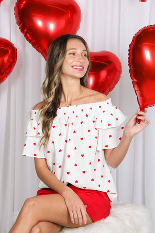 Red & White Heart Print Off-Shoulder Top