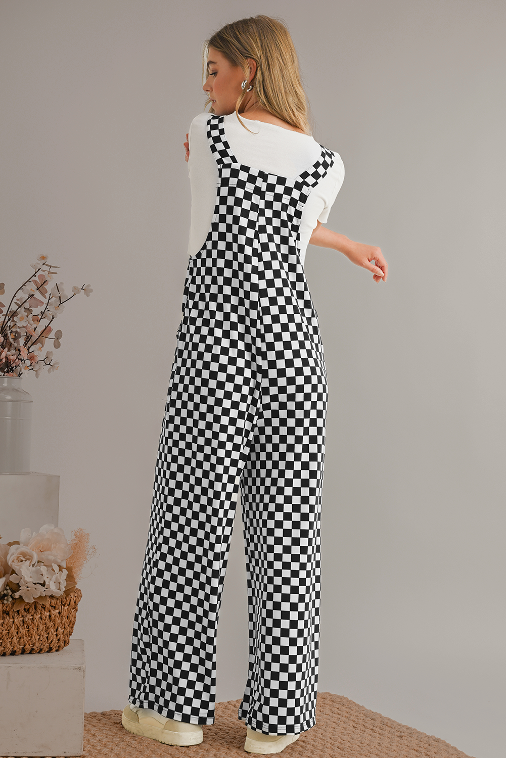 Black and White Checkered Print Pockets Casual Jumpsuit