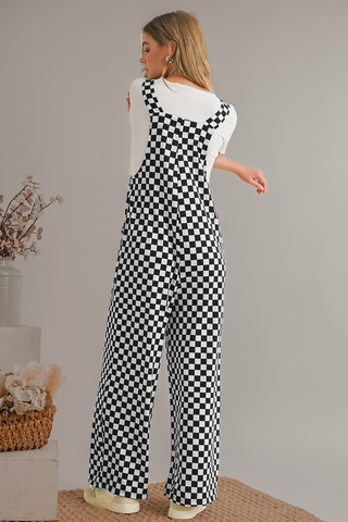 Black and White Checkered Print Pockets Casual Jumpsuit
