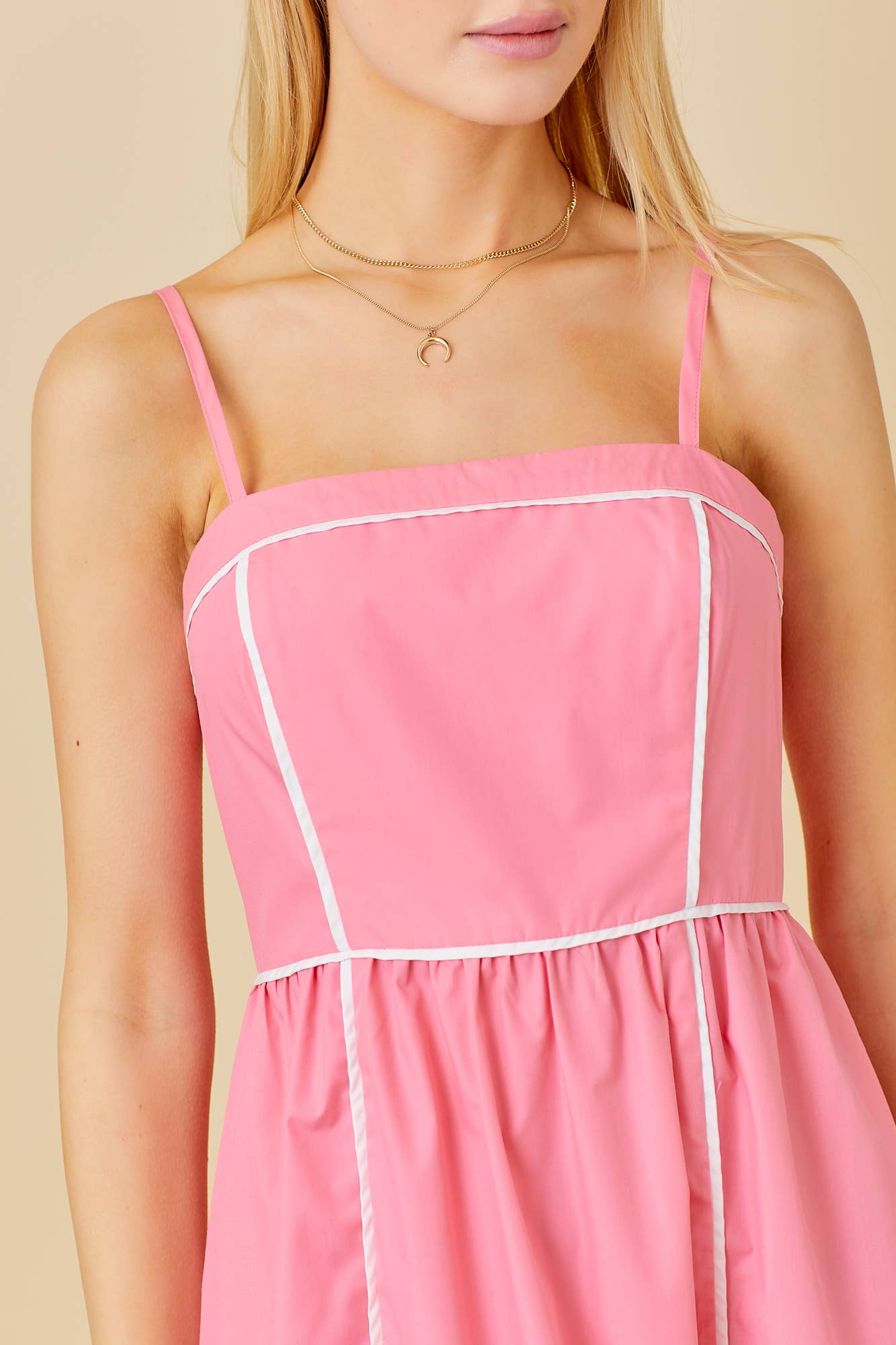 Contrast Piping Midi Solid Dress: CORAL
