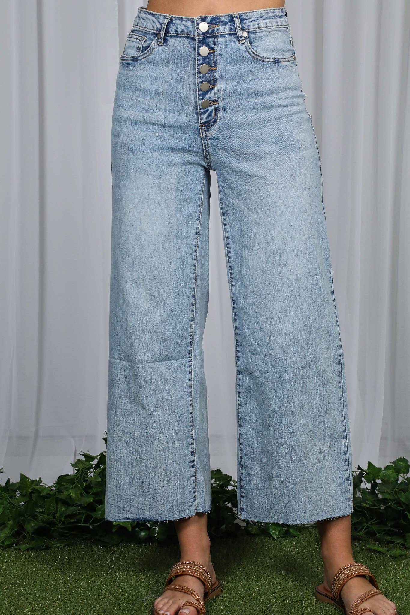 Wide Leg Stretchy Casual Buttoned Washed Denim Jean
