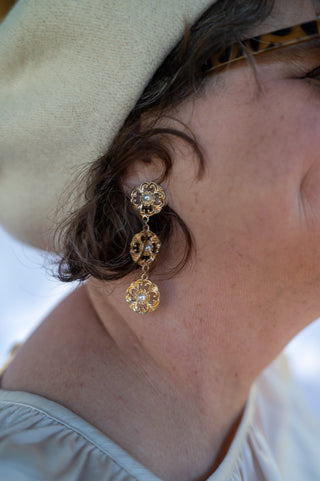 Marquette Acanthus & Pearl Triple Drop Earrings in Worn Gold