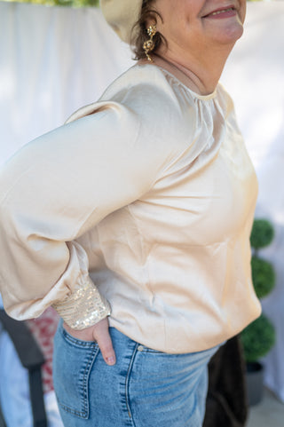 Champagne Sequin Buttoned Cuffs Pleated Neck Blouse