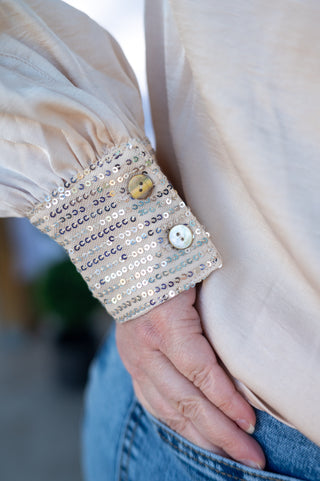 Champagne Sequin Buttoned Cuffs Pleated Neck Blouse