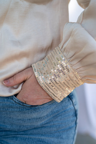 Champagne Sequin Buttoned Cuffs Pleated Neck Blouse
