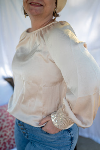 Champagne Sequin Buttoned Cuffs Pleated Neck Blouse