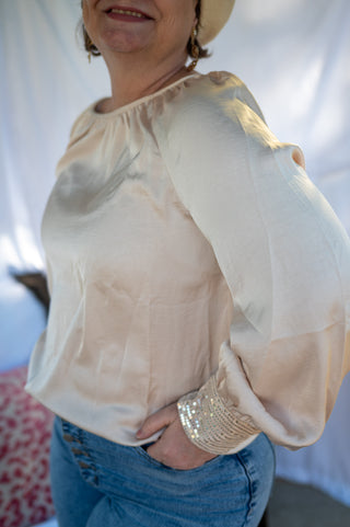 Champagne Sequin Buttoned Cuffs Pleated Neck Blouse