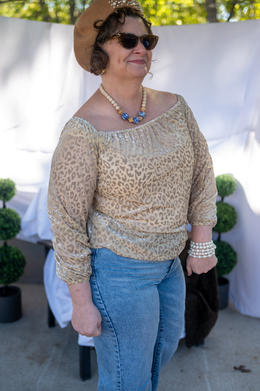Velvet Wild Leopard Off Shoulder Long Sleeve Top