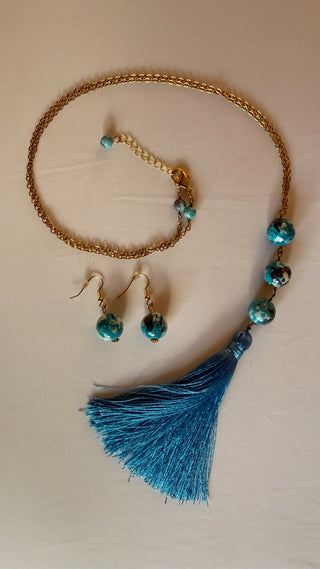 Turquoise Bead Tassel Necklace Set