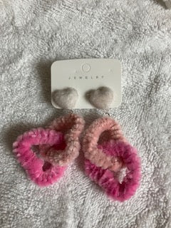 Two-Tone Double Plush Heart Charm Post Earrings: 925 silver post
