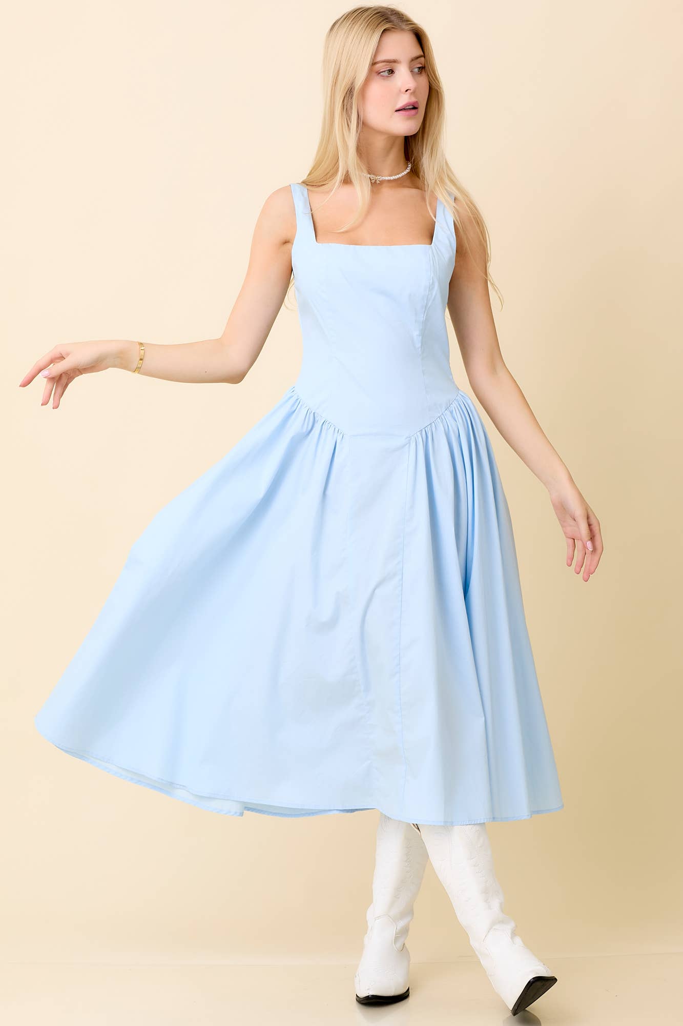 Light Blue Square Neck Midi Dress