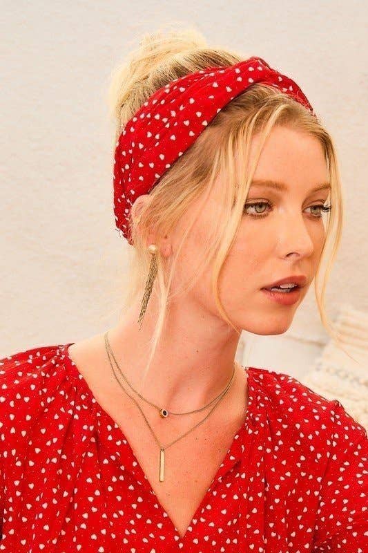 Heart Print Satin Headband: Red